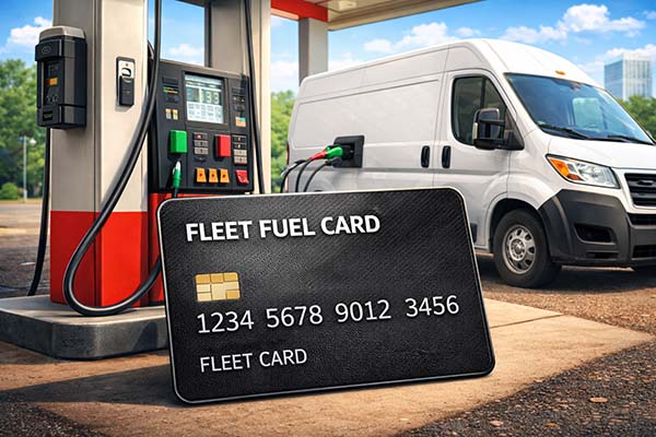 ChatGPT Image Feb 21, 2026, 12_27_21 AM digital image of a van refueling at a gas station with a large fleet card in front of the fuel pump - fleet card concept art